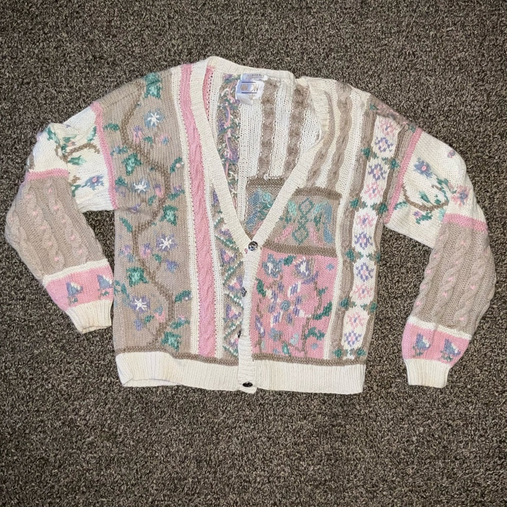 Patchwork Floral Cable-Knit Cardigan - Pink & Cream